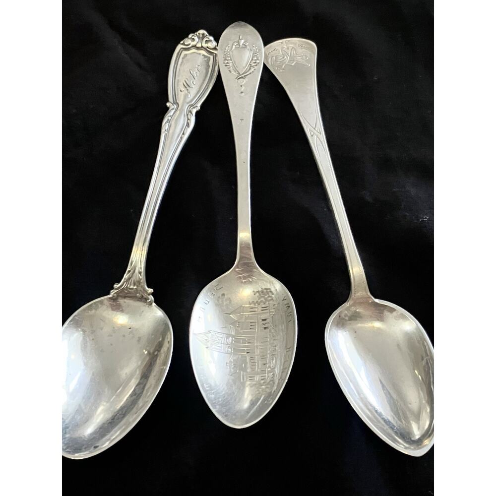 Sterling Silver Teaspoons Mixed Lot Of 3 Souvenir, Norway, Monogram 48 Grams
